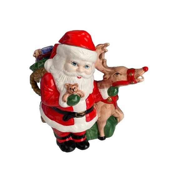 Vintage Teapot Santa Clause Reindeer Christmas Holiday Tea Beverage Dispenser - Picture 5 of 16